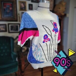 Carducci Knit Sweater Vintage 90s Abstract‎ Colorblock Short Sleeve Floral Retro
